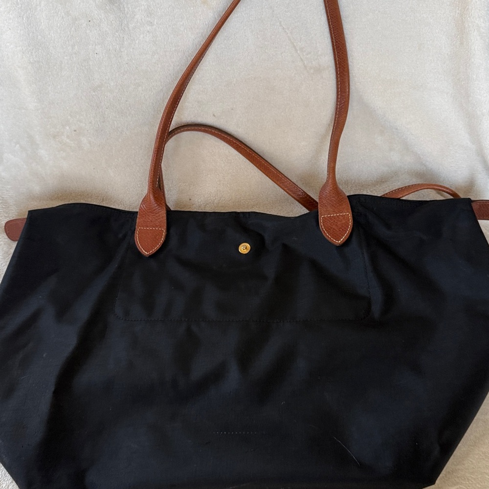 Longchamp Black Tote with Brown Leather Trim